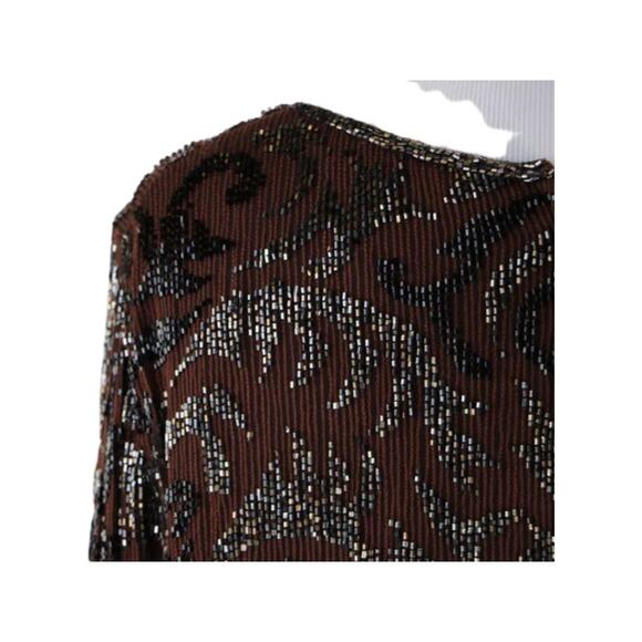 Frank Usher Sequin Top, Brown Black Beaded Silk Blouse Medium - Picture 4 of 7